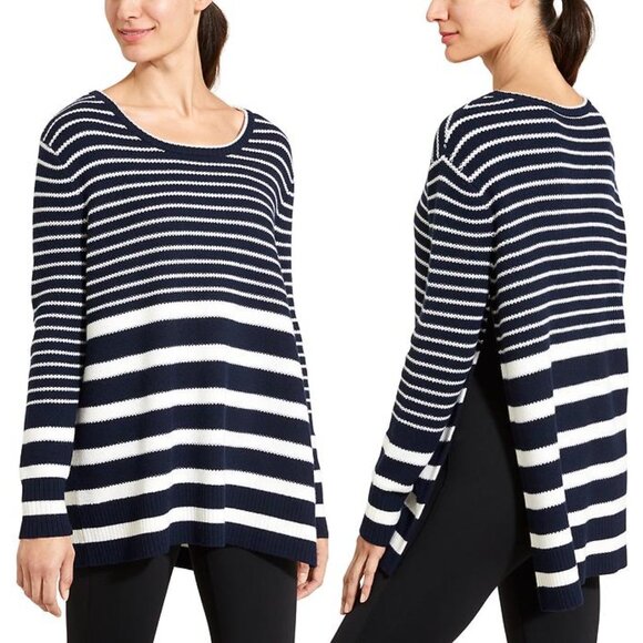 Athleta Sweaters - Athleta Striped Kennewick Side Slit Sweater, Navy & Winter White, Size Large